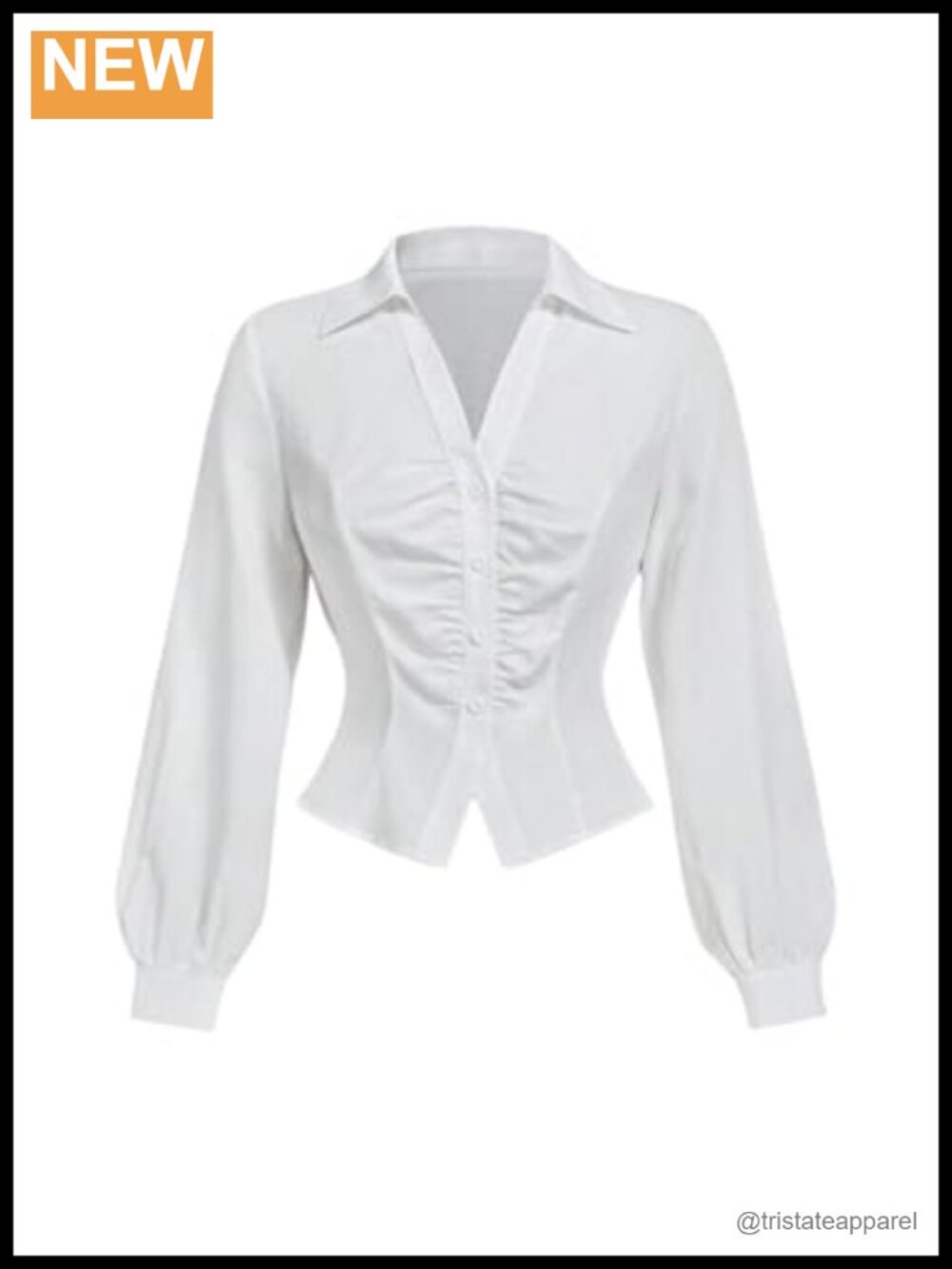 Ruched Button Down Shirt Long Sleeve Bishop Sleeve V-Neck Blouse
